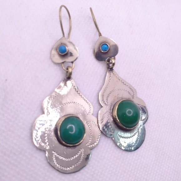 Turkman Style Tribal Dangling Earrings, Stones Antique Earrings, Kuchi Boho - Picture 4 of 5